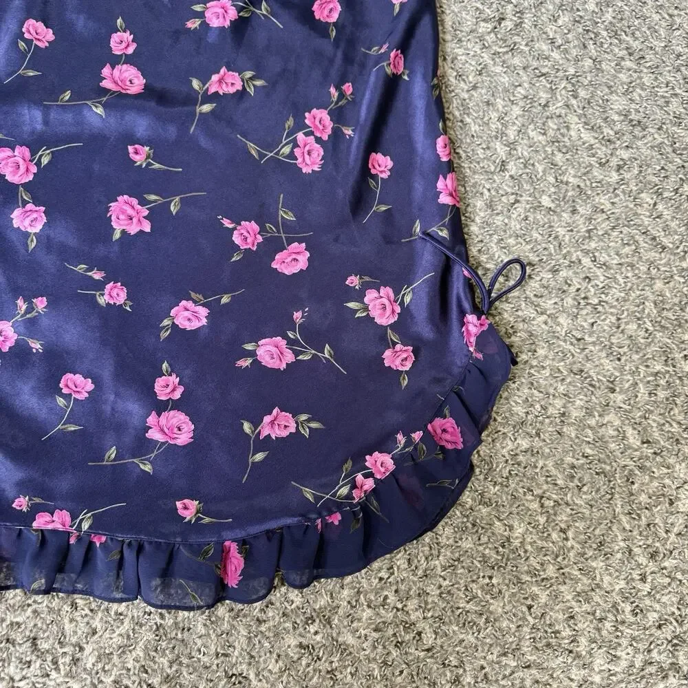 VTG Cinema Etoile Blue Pink Floral Satin Babydoll Lingerie Slip Dress Y2K 90s M